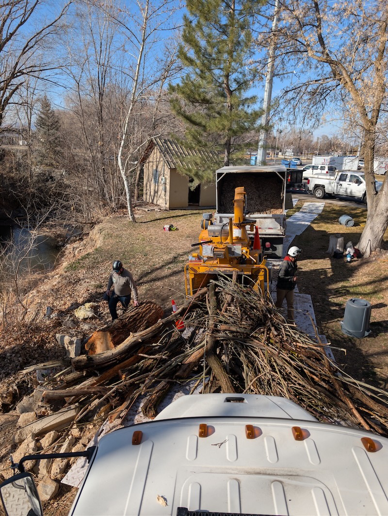 Crew running chipper during debris cleanup